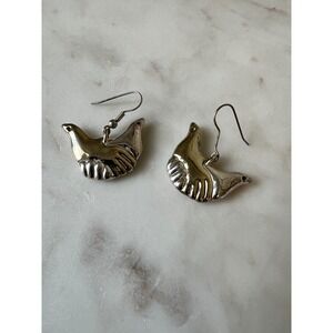 Silver Doves Earrings Peace Unity Holding Hands or Chicken Shaped Ashbey Signed
